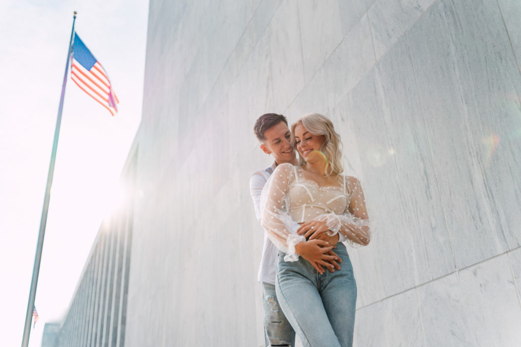couple laughing together during washington dc engagement session