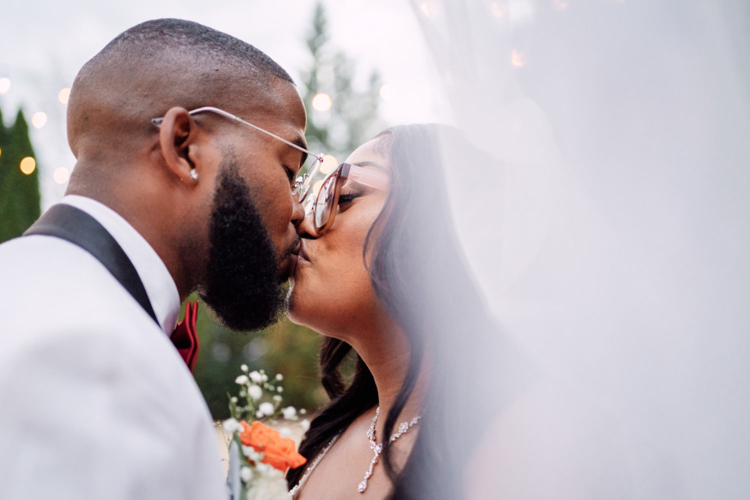 bride and groom kissing underneath wedding veil in Manassas Virginia