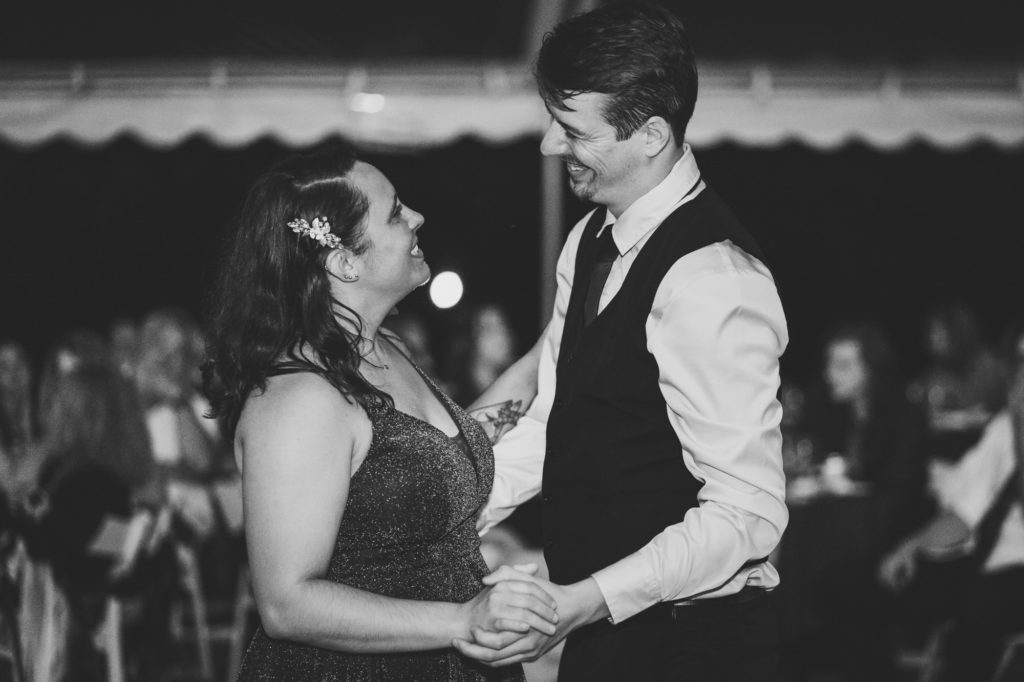 bride and groom first dance during wedding reception