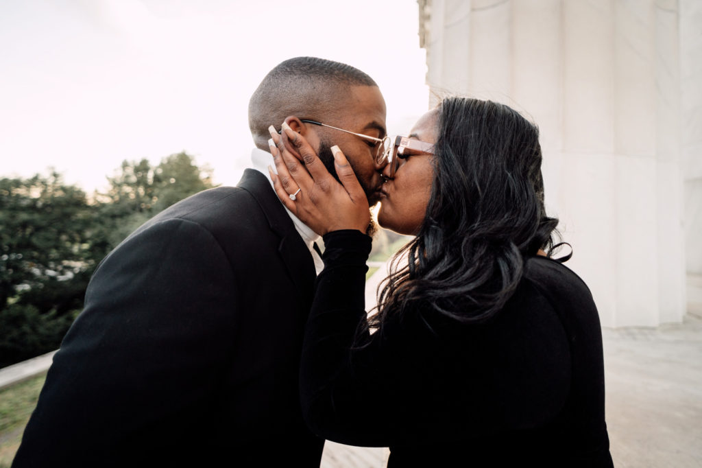 couple kissing during their engagement session in washington dc