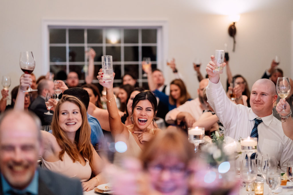 weddings guests holding glasses up for a toast at a Northern Virginia Wedding