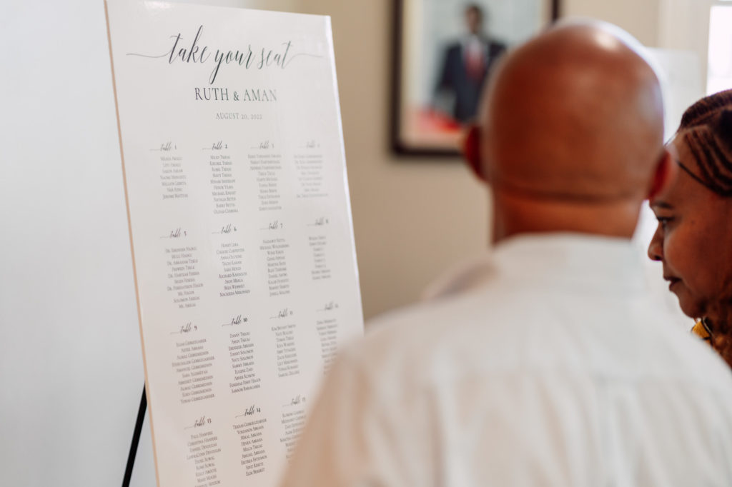 wedding guests reading the reception seating chart