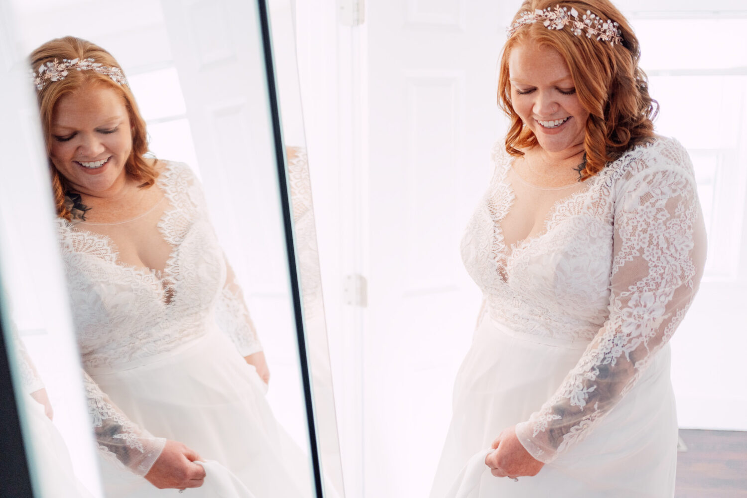 bride looking in the mirror to see herself in her wedding dress