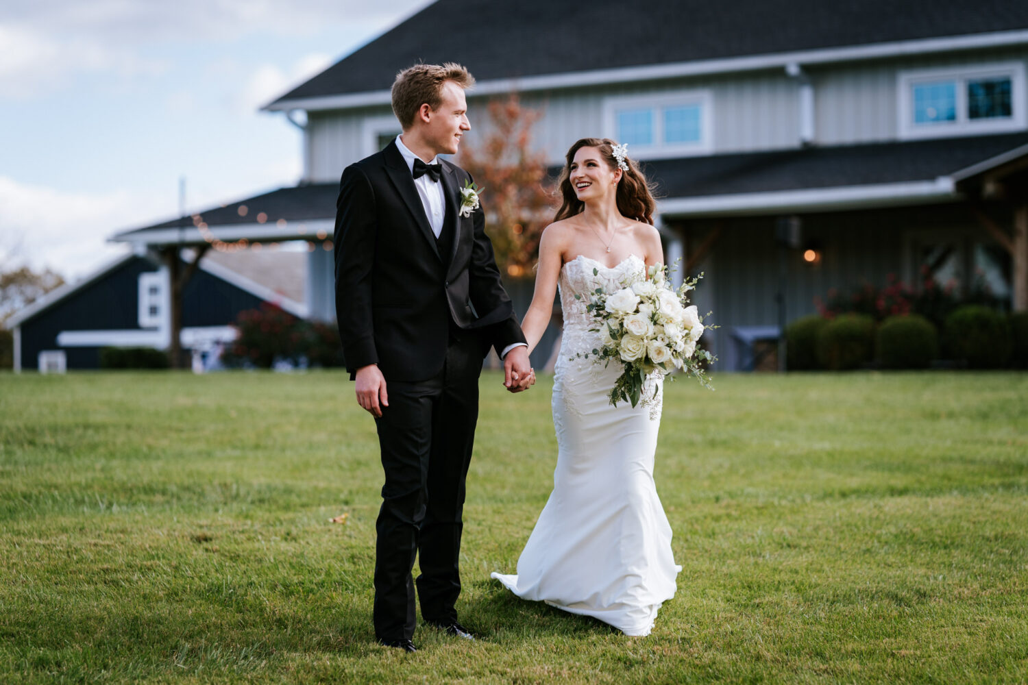 bride and groom walking together on their wedding day