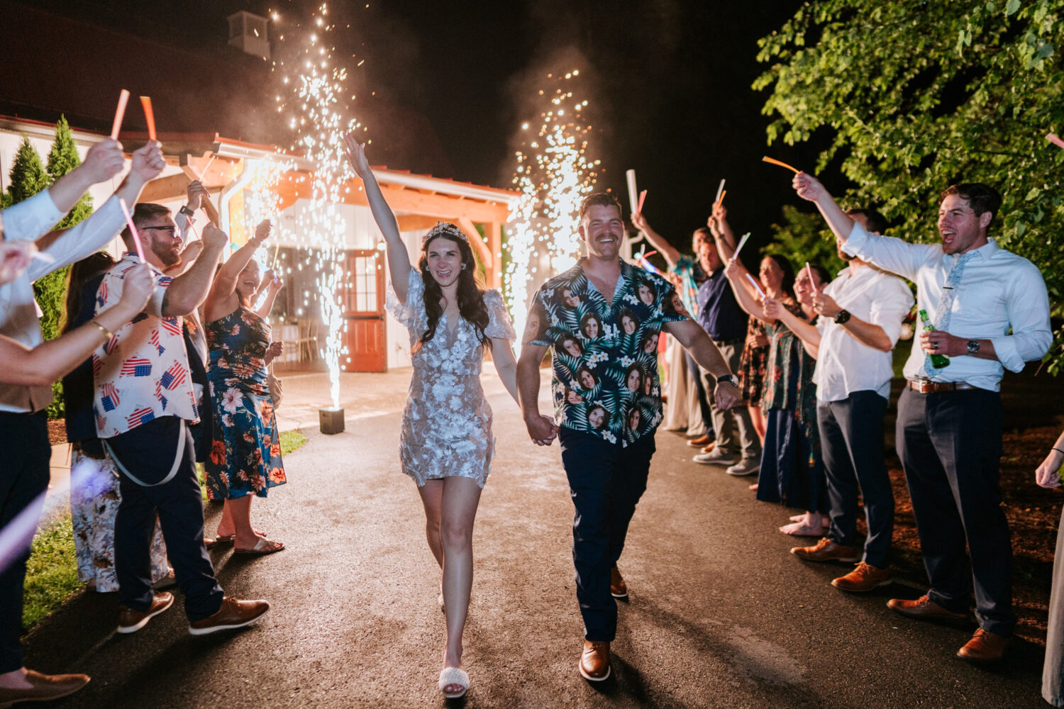 bride and groom sparkler exit during their historic rosemont springs wedding