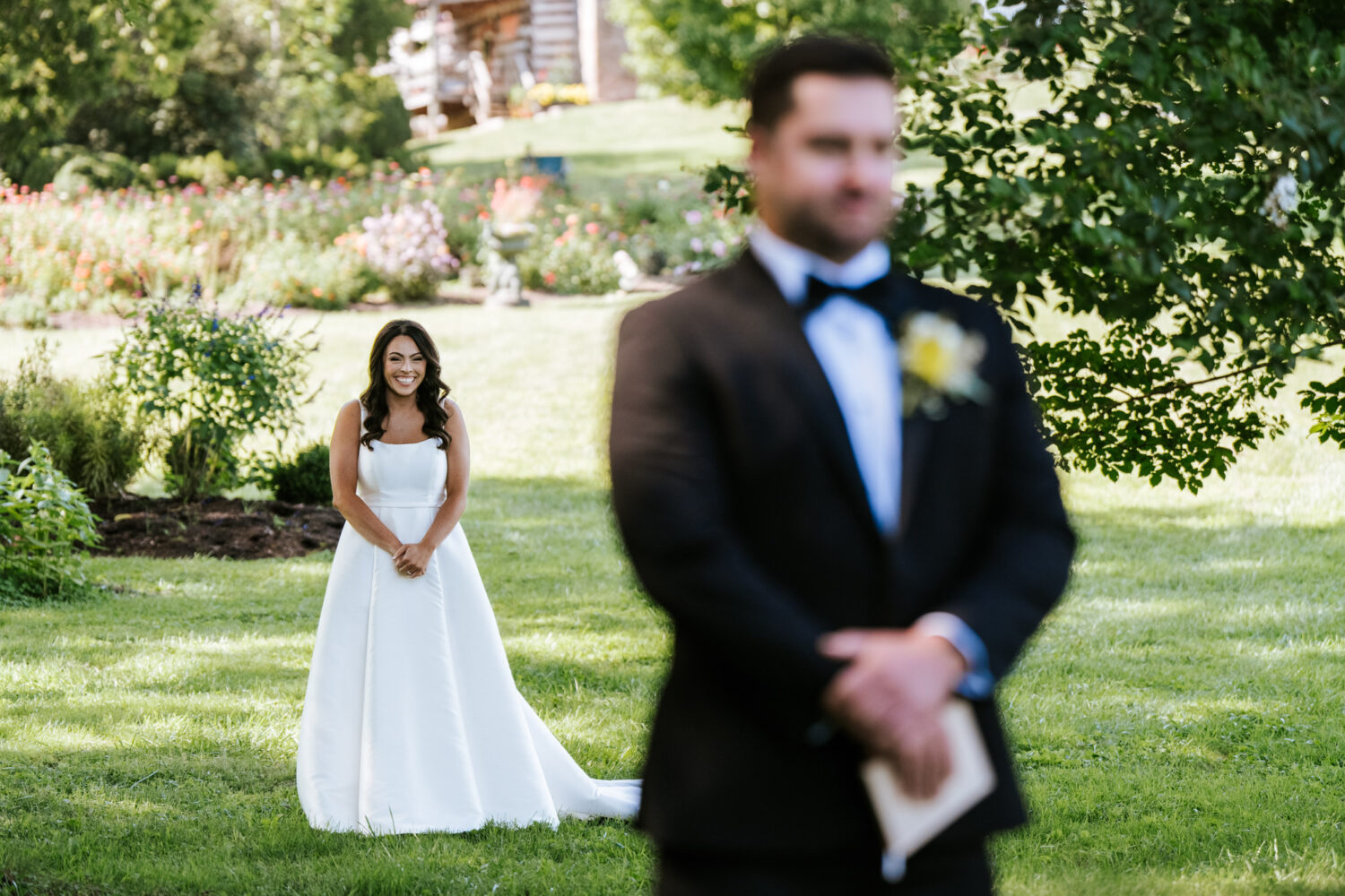 bride walking up to her groom on their wedding day