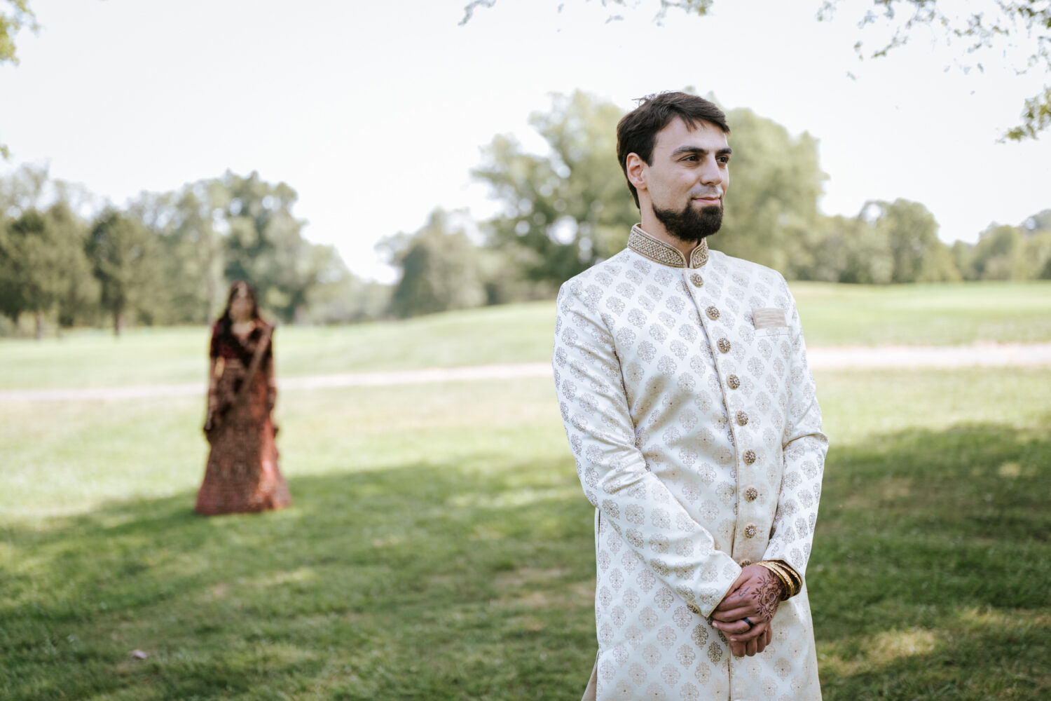 groom getting ready to see her bride for the first time on his wedding day