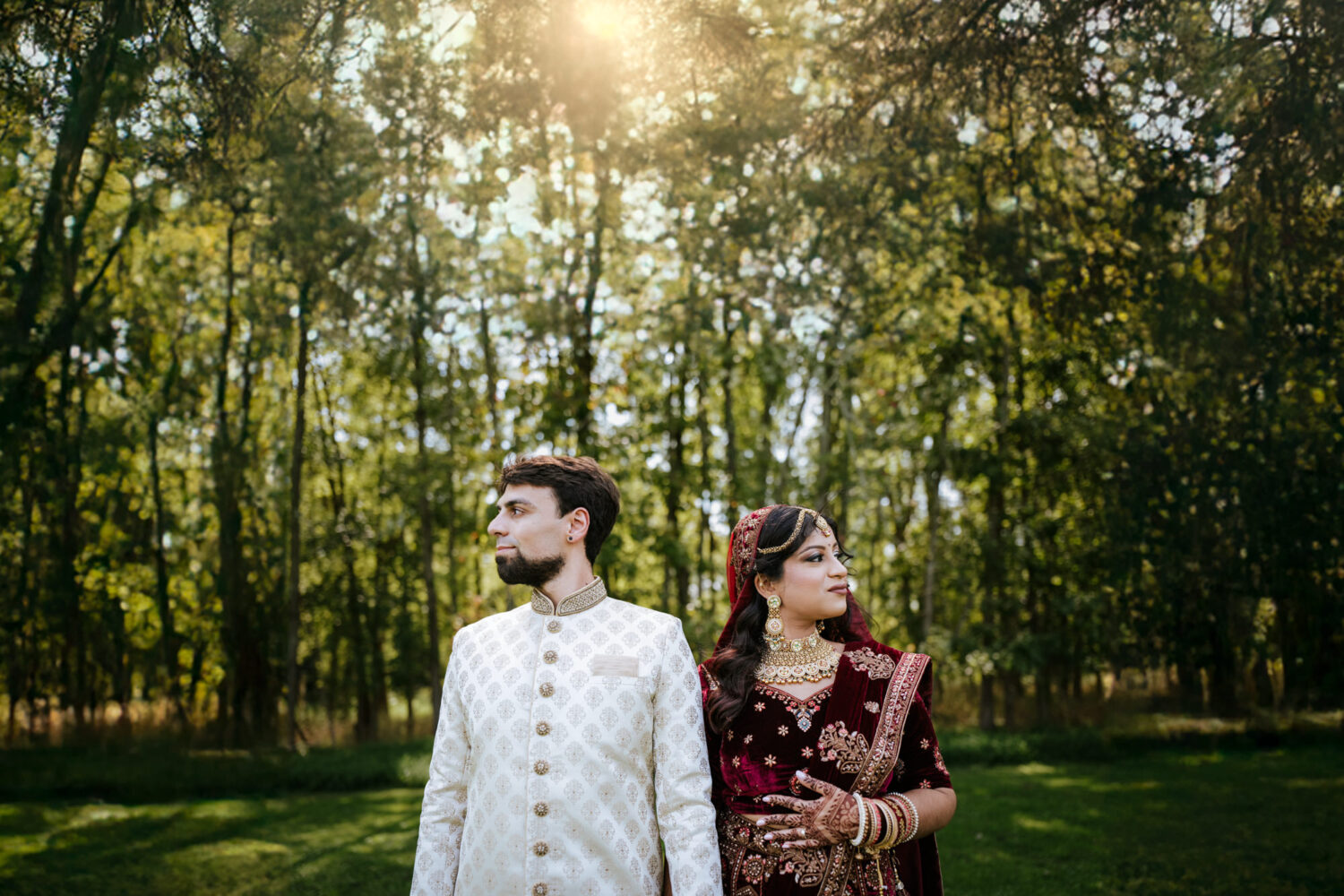 indian bride and groom portrait during their woodlands wedding day in loudoun county va