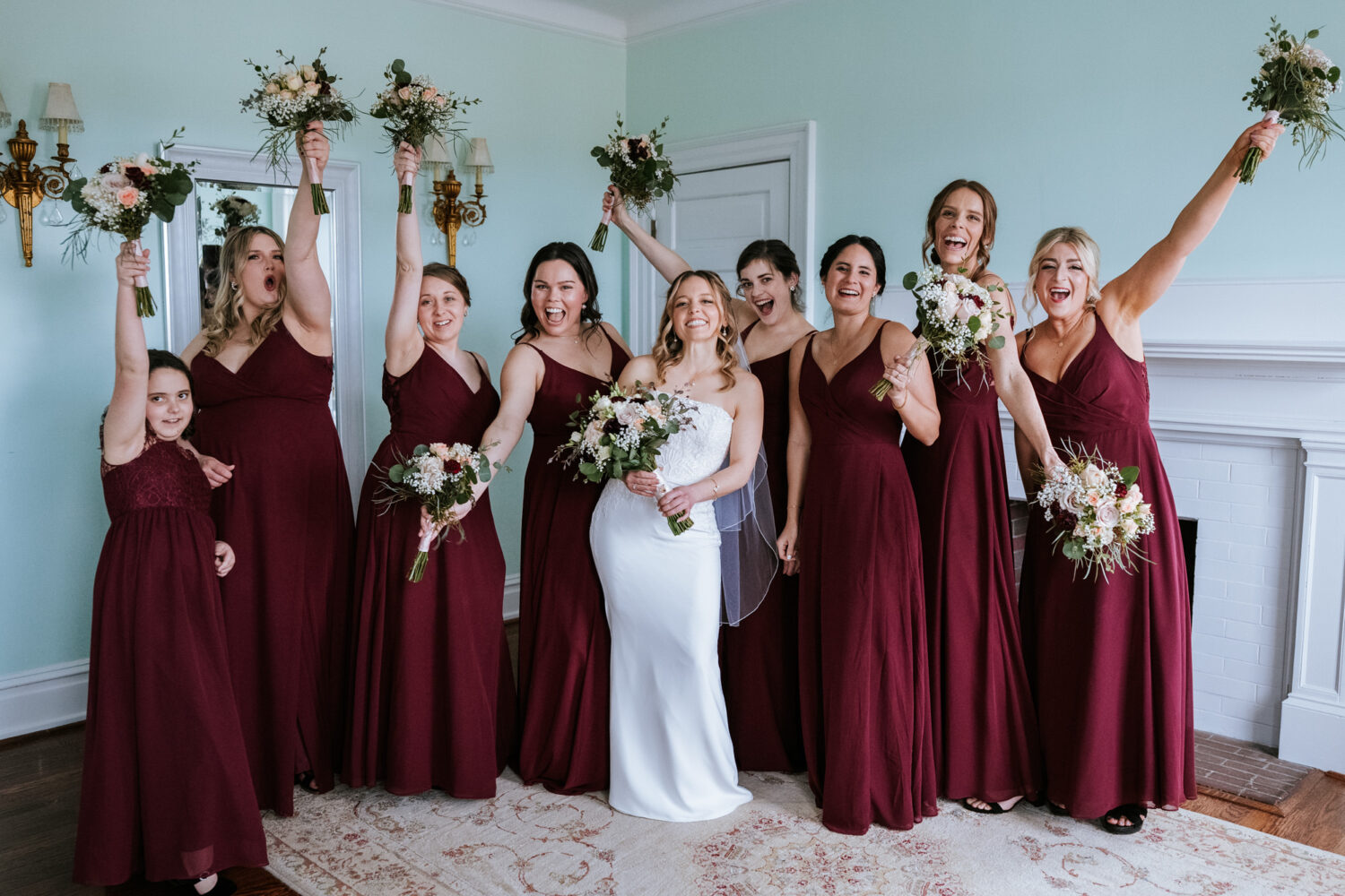 bridesmaids cheering on the wedding day