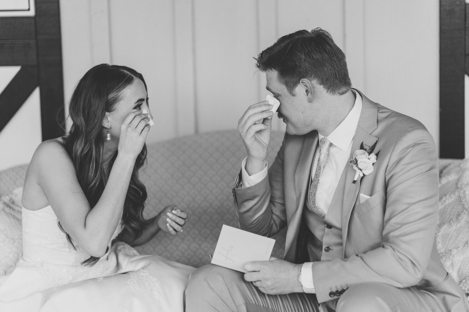 bride and groom crying together while sharing wedding bows on their shadow creek wedding day