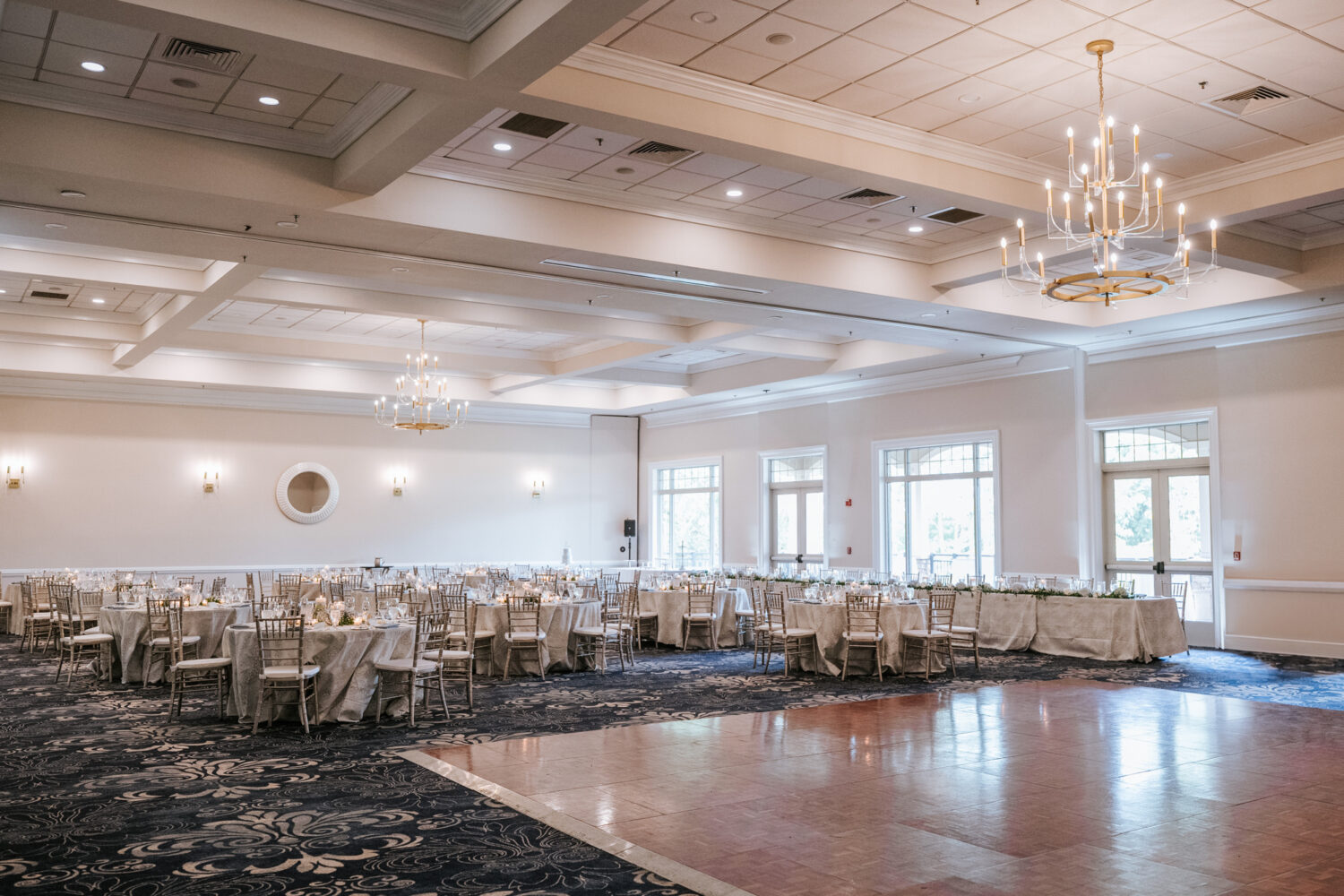 wide interior shot of a lansdowne resort clubhouse wedding reception