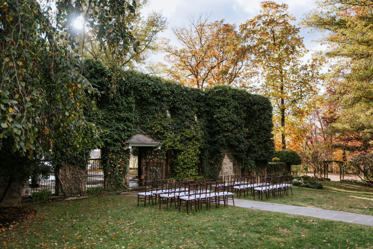 Outdoor ceremony setup at the ivy wall at Goodstone Inn