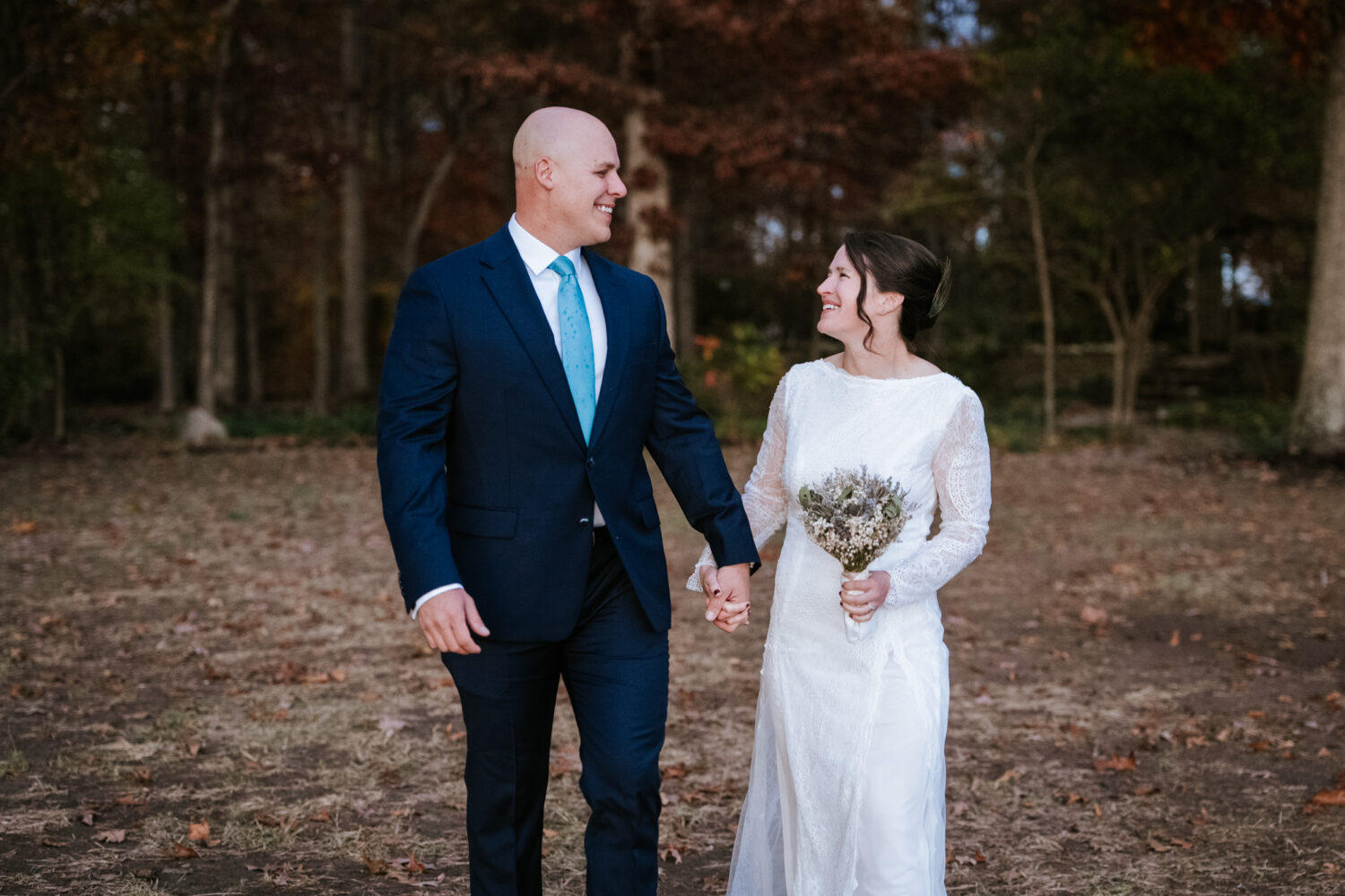bride and groom walking together
