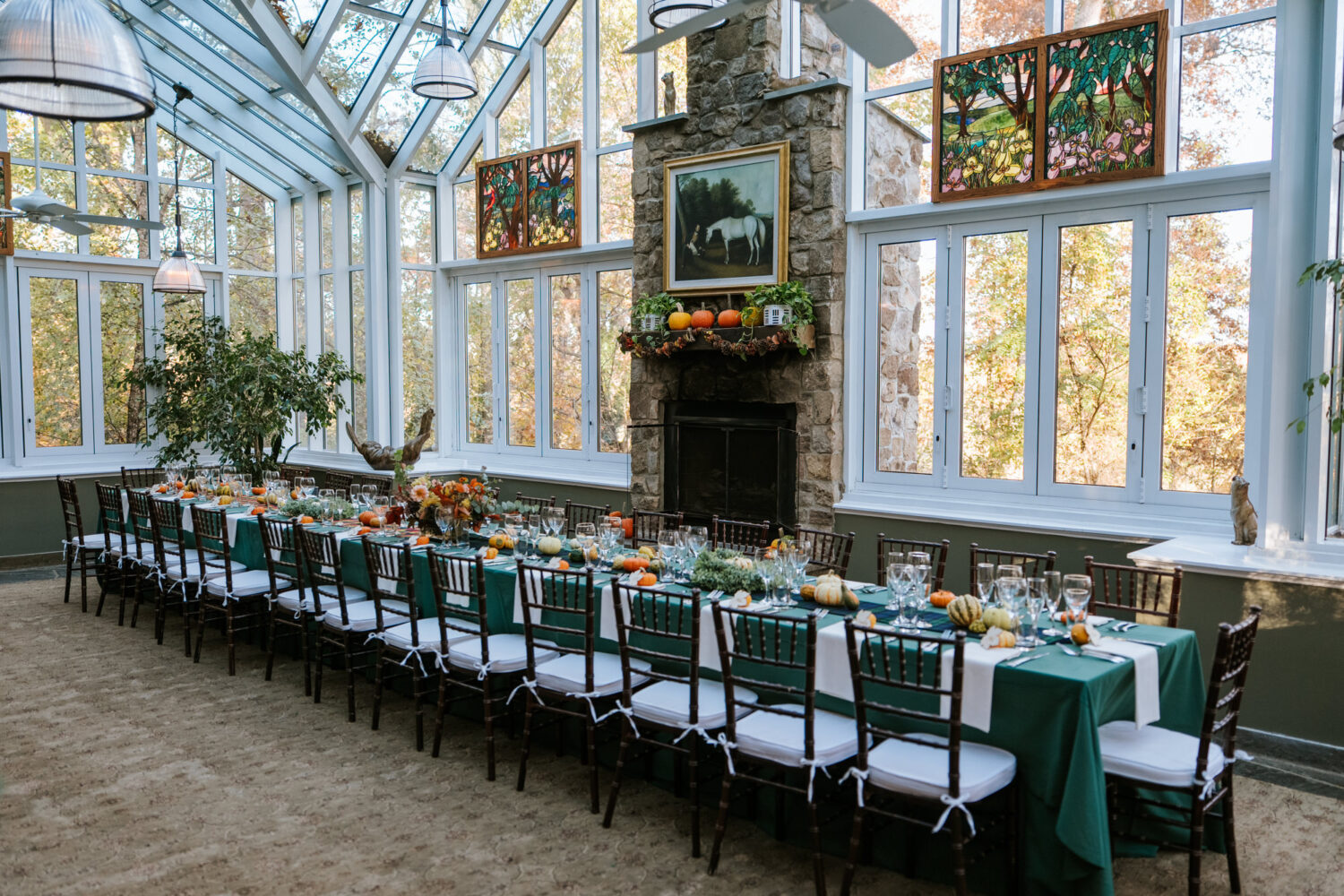 Reception room setup inside Goodstone Inn with elegant dinner tables