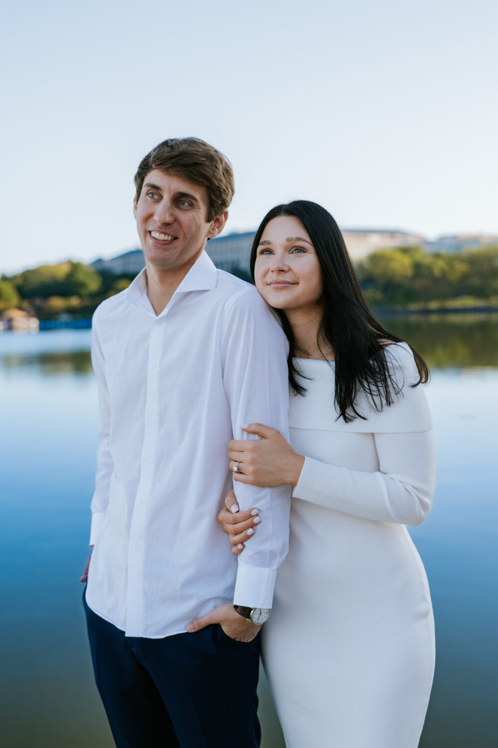 Close up of engaged couple by the Tidal Basin during romantic Washington DC engagement photos