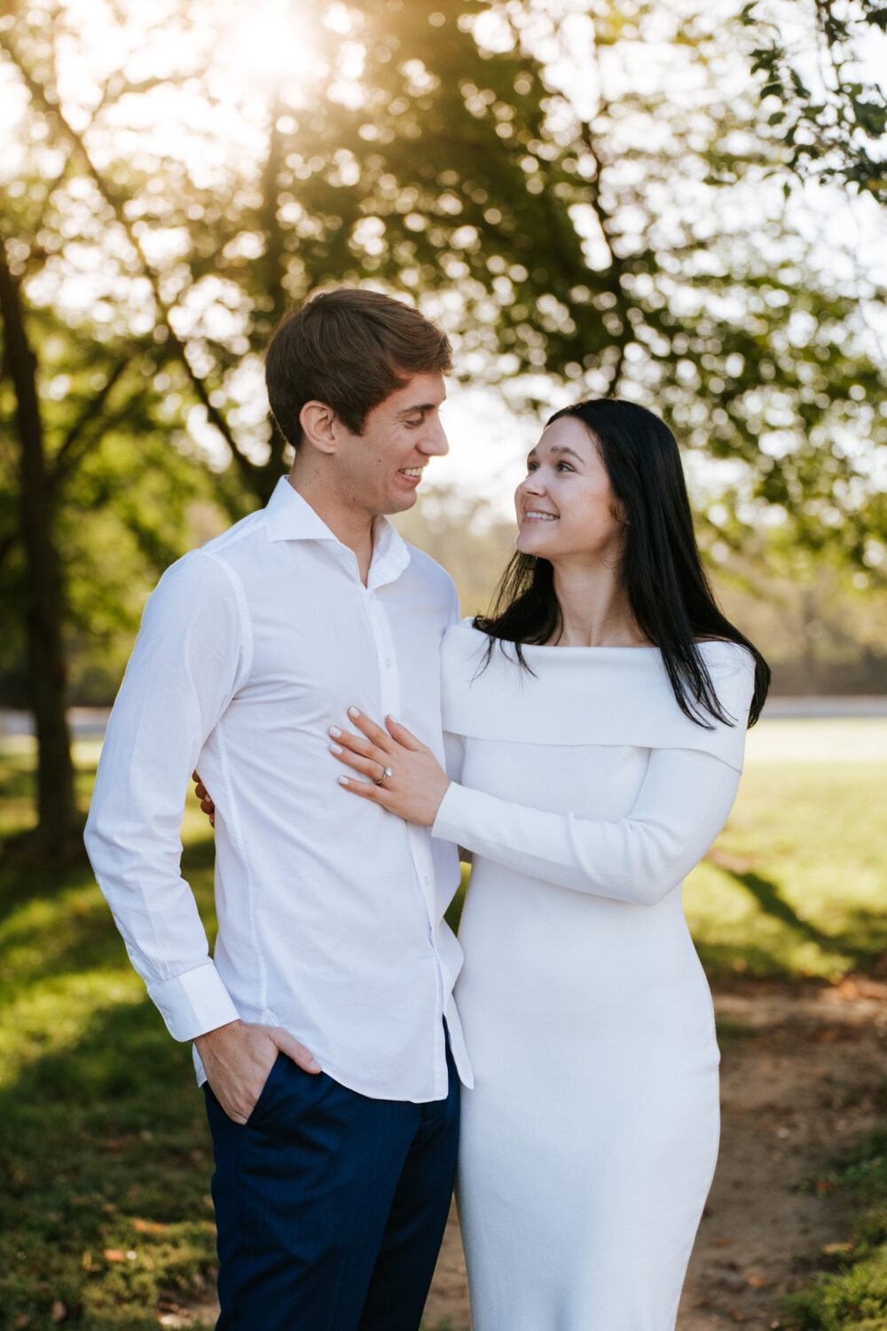 Romantic outdoor engagement session in Washington DC with soft golden hour light