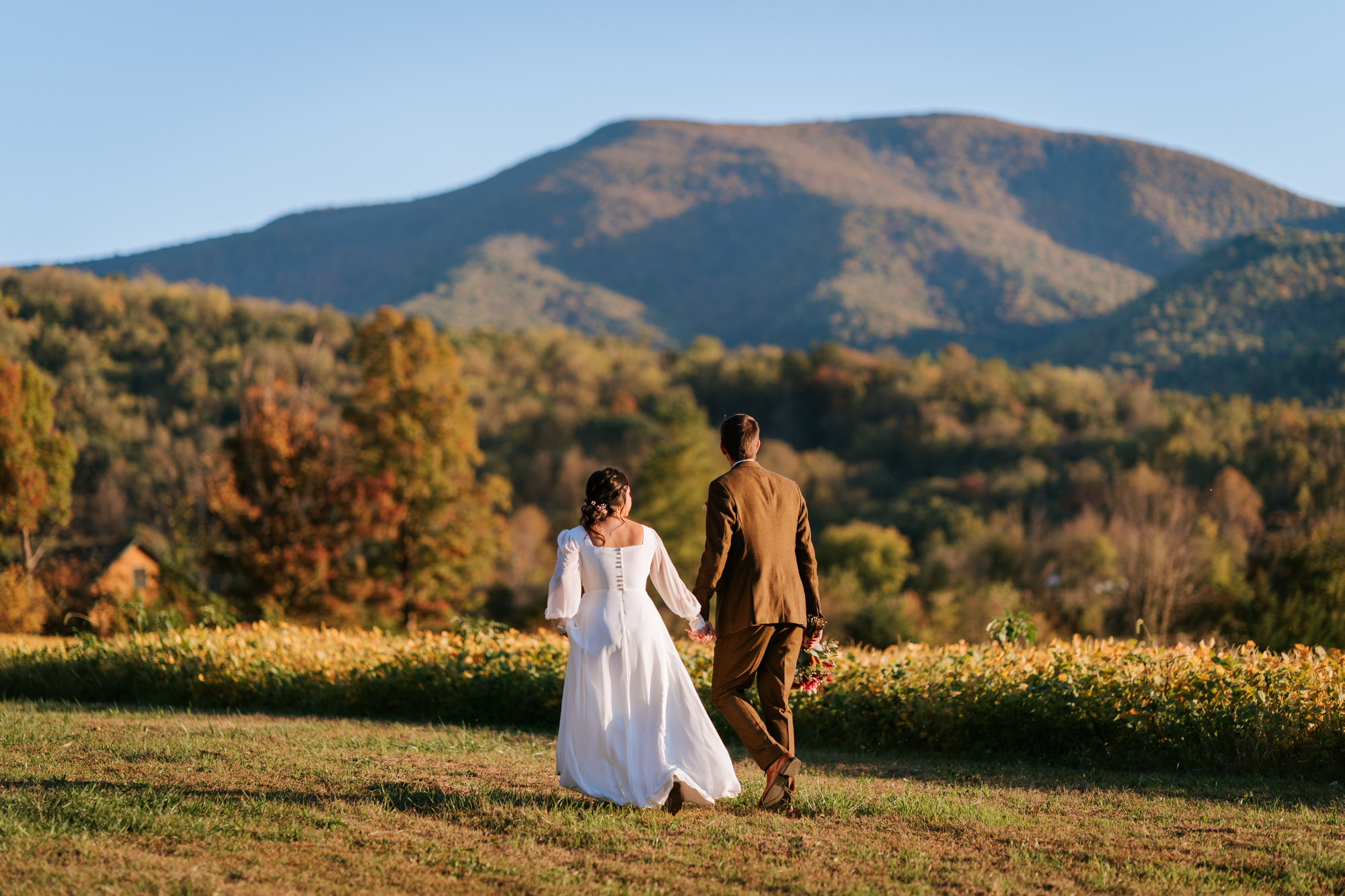 couple walking away with the shenandoah mountains in the background during their virginia wedding day