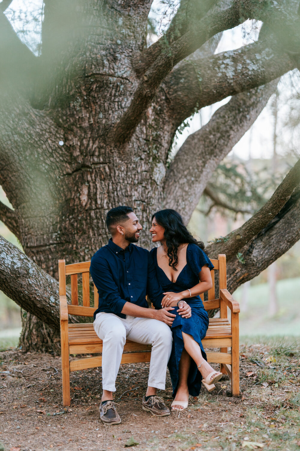 Engaged couple sitting on a bench under a large tree, smiling at each other
