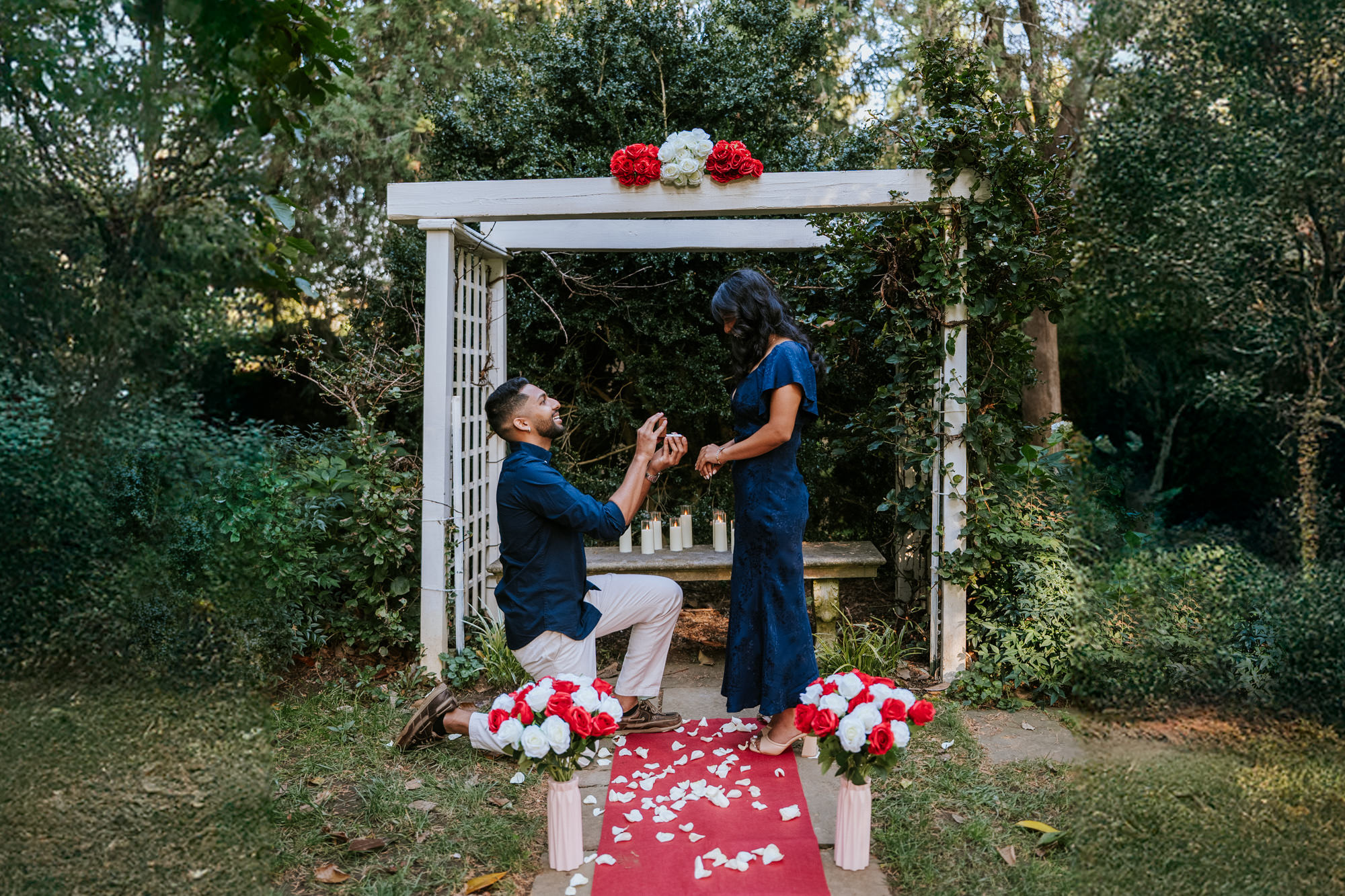 Couple during a surprise proposal under a rose covered pergola at Oatlands Historic House in Leesburg, Virginia.