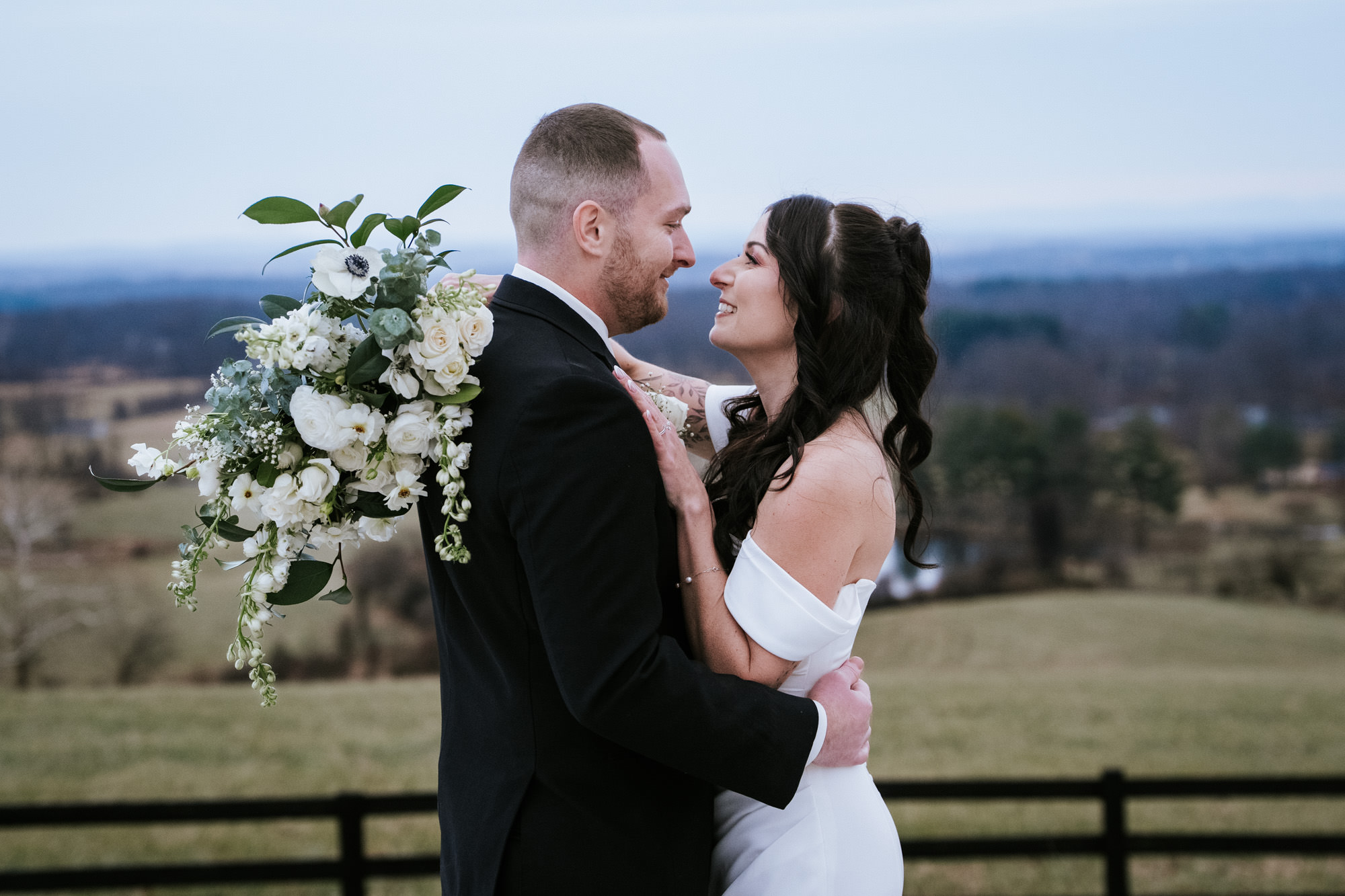 Romantic bride and groom portrait at The View at Bluemont with mountain views