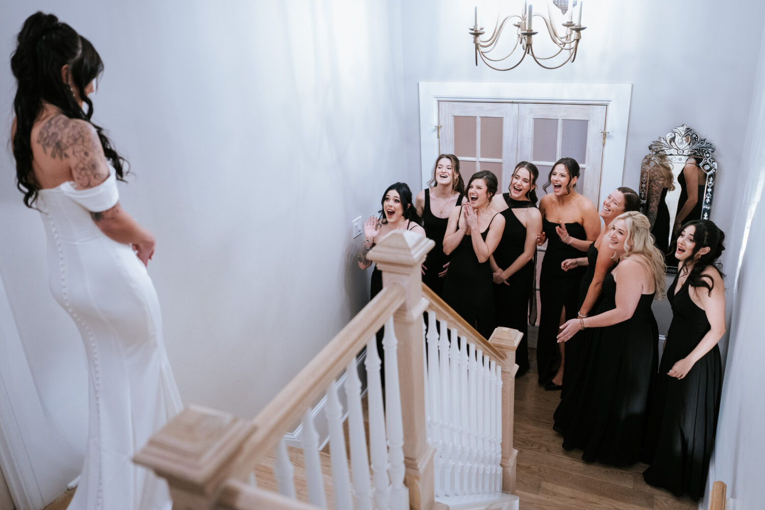 Bridesmaids reacting to bride during first look at The View at Bluemont